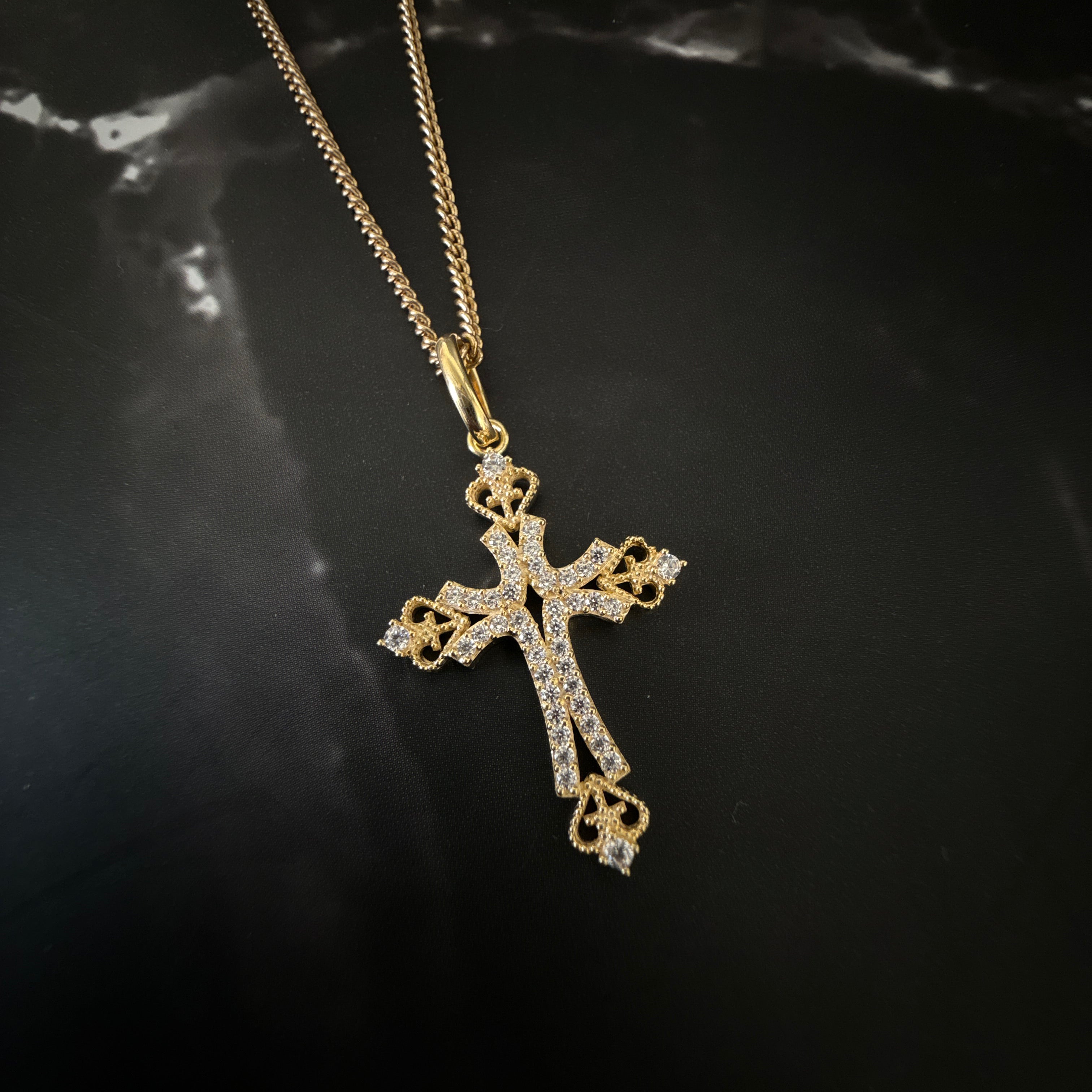 9ct Yellow Gold Cubic Zirconia Cross Pendant with Heart Detail
