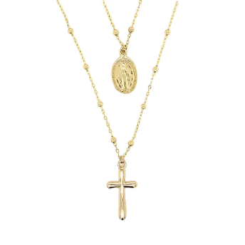 9ct Yellow Gold Double-Strand Necklace with Cross & Madonna Medallion (Rosary Inspired)