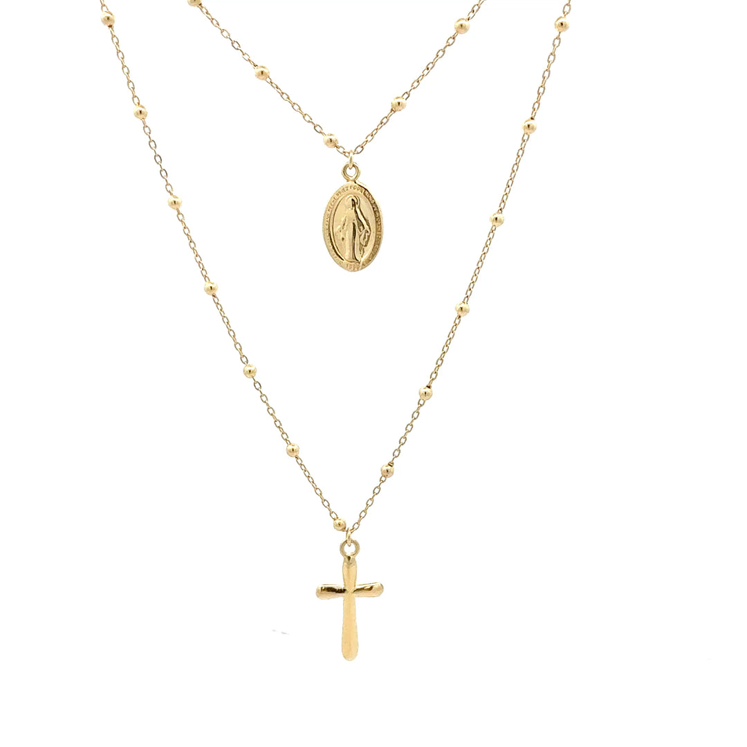 9ct Yellow Gold Double-Strand Necklace with Cross & Madonna Medallion (Rosary Inspired)