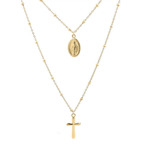 9ct Yellow Gold Double-Strand Necklace with Cross & Madonna Medallion (Rosary Inspired)