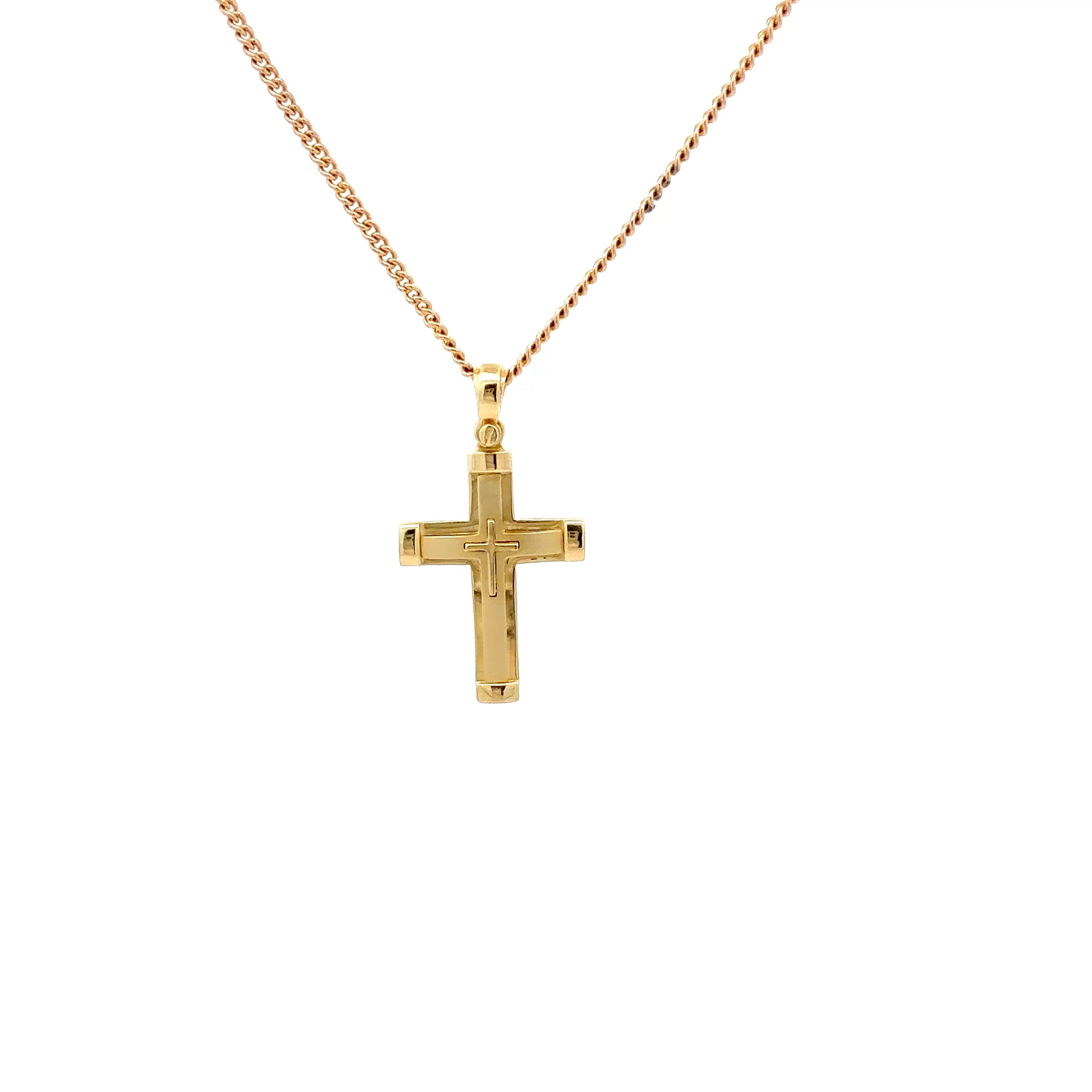 9ct Yellow Gold Layered Cross Pendant – Polished & Matte Finish