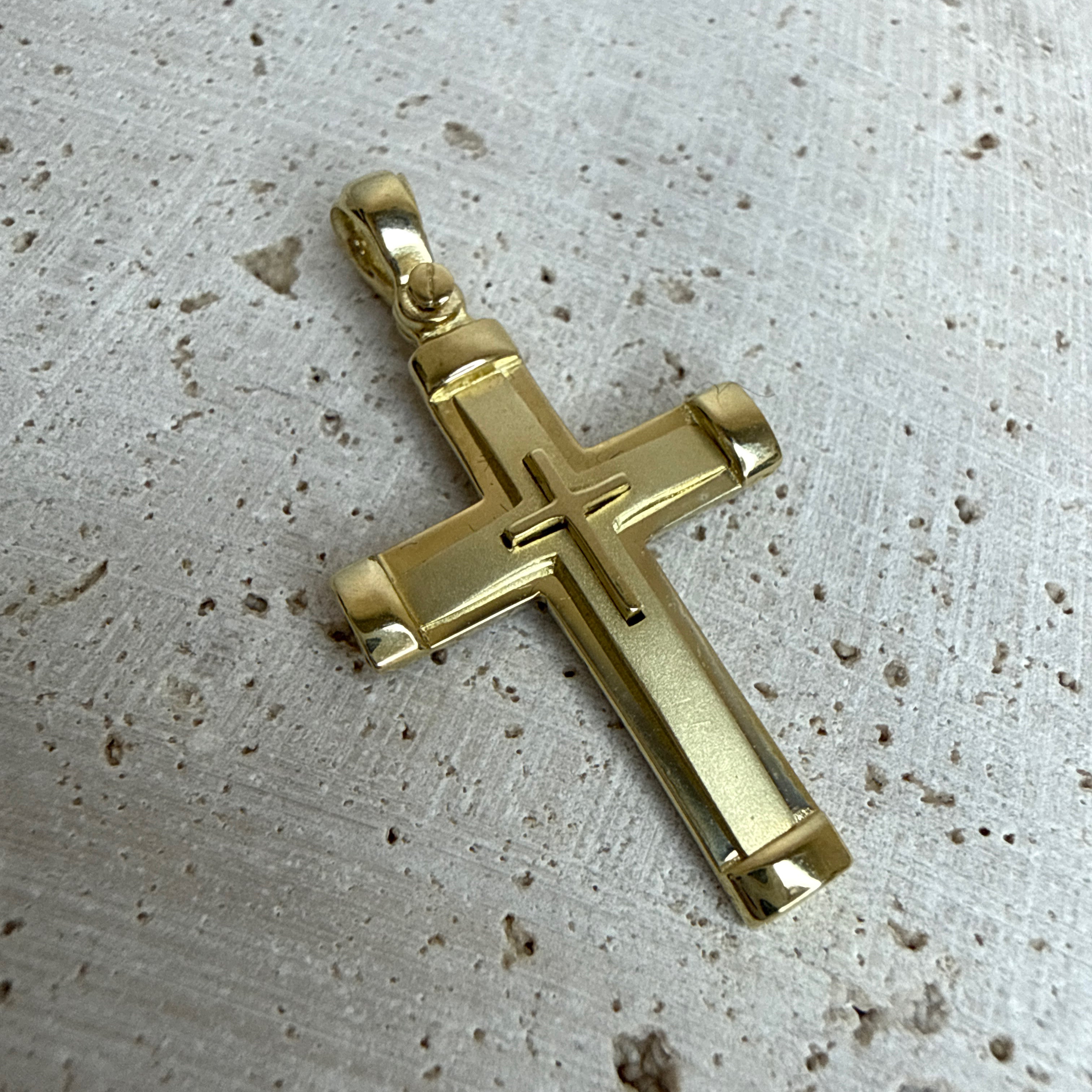 9ct Yellow Gold Layered Cross Pendant – Polished & Matte Finish