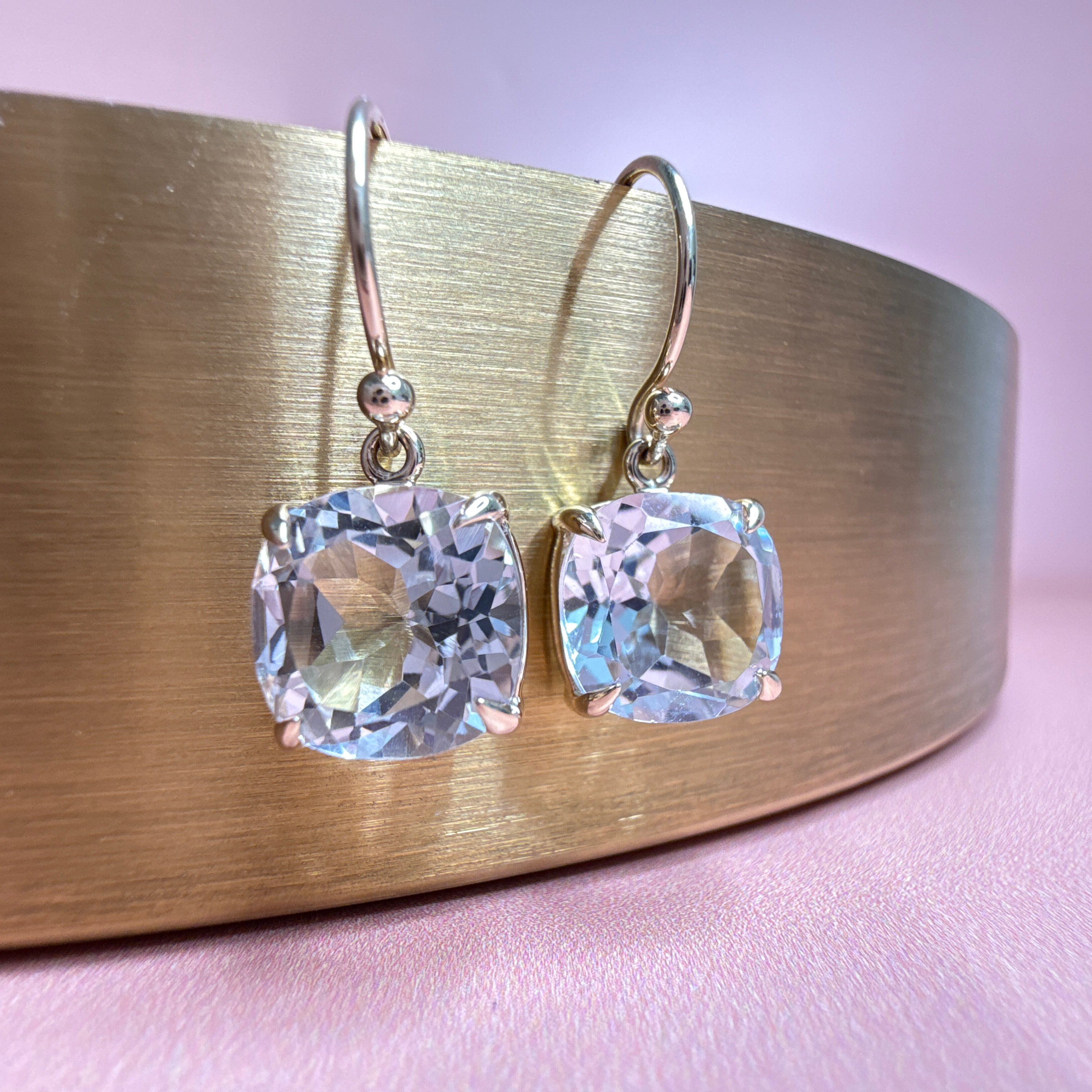 9ct Yellow Gold Cushion-Cut White Topaz Drop Earrings