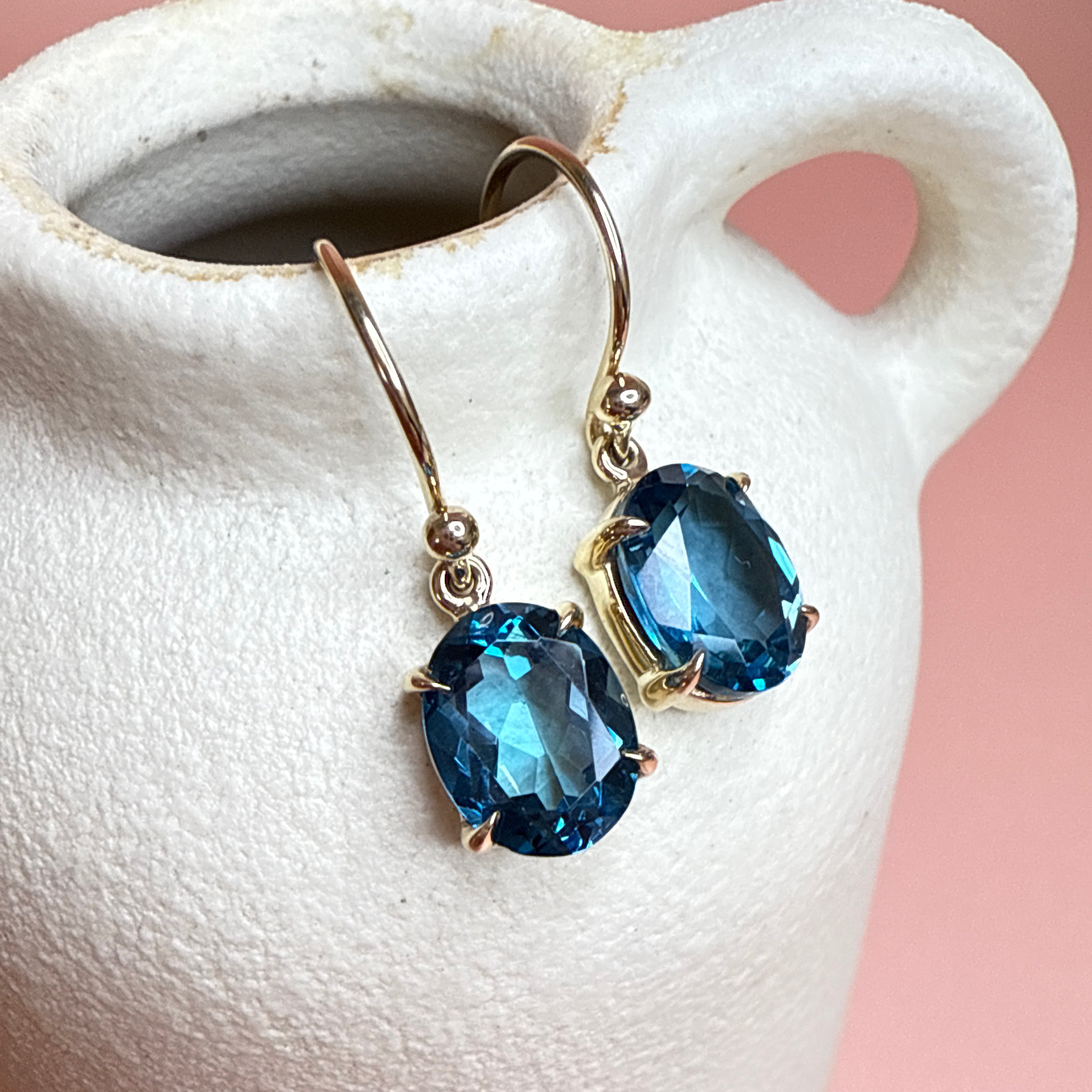 9ct Yellow Gold Oval-Cut London Blue Topaz Drop Earrings