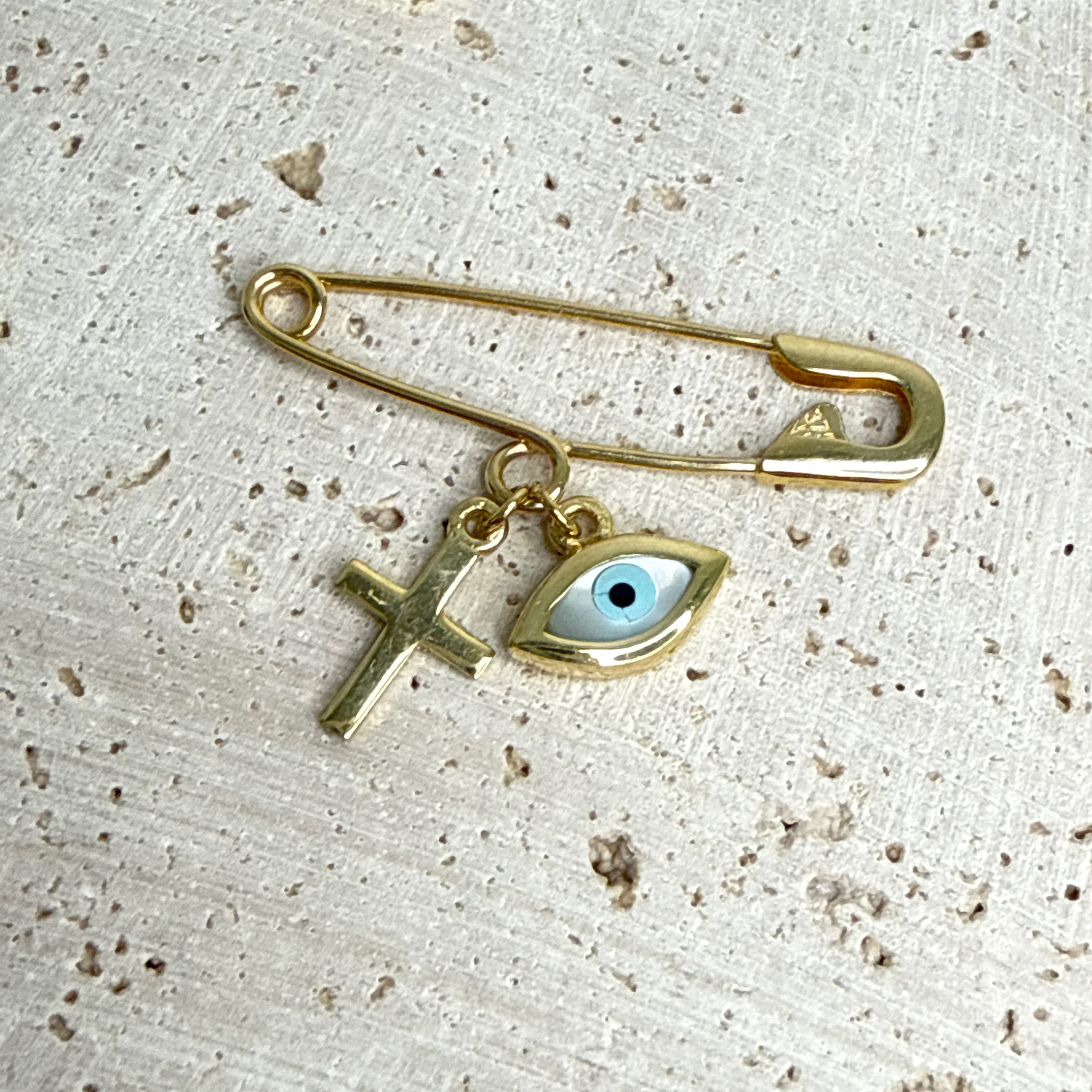 9ct Yellow Gold Baby Pin with Cross & Mother of Pearl Evil Eye