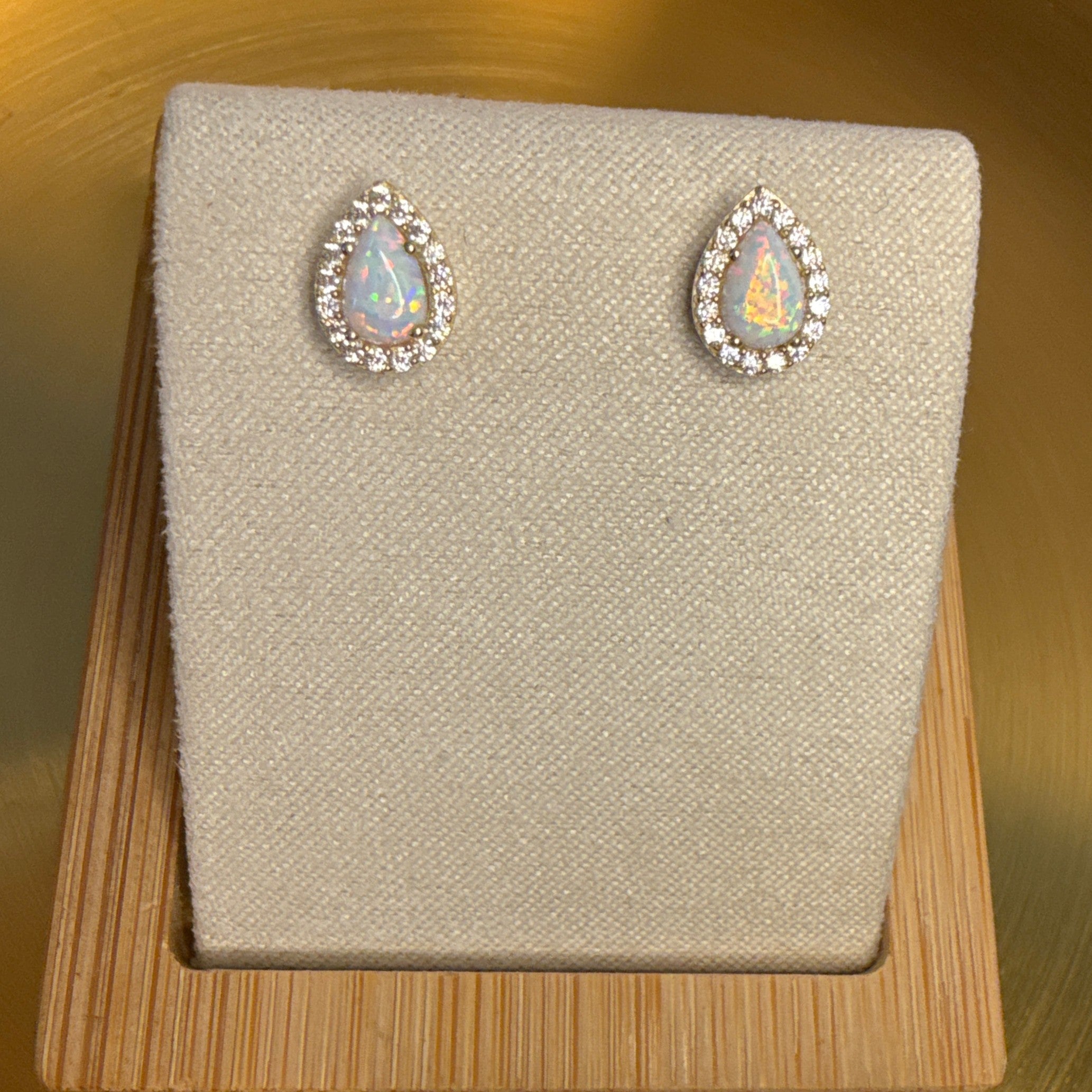 9ct Yellow Gold Teardrop Opal & Cubic Zirconia Stud Earrings