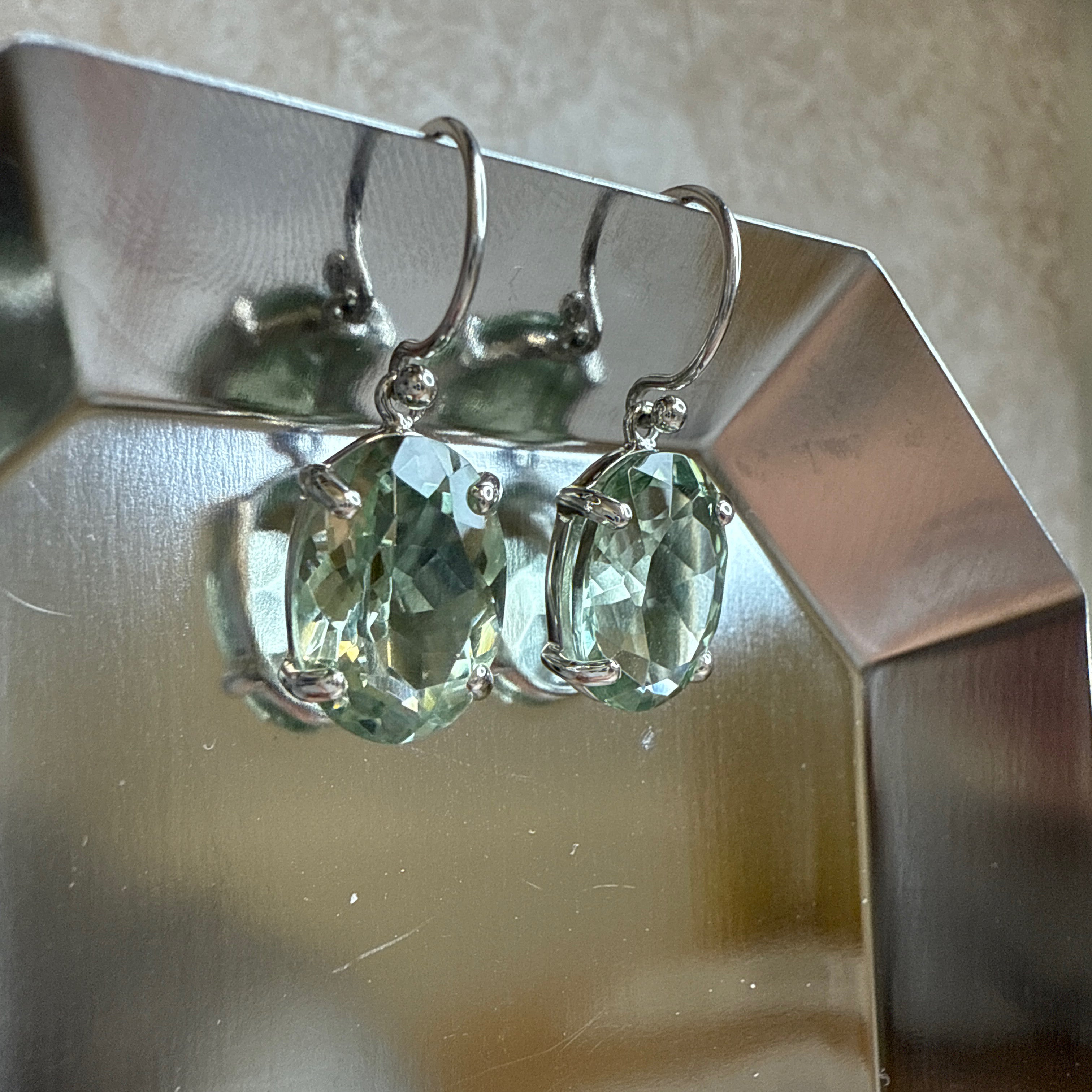 Sterling Silver Oval Green Amethyst Drop Earrings