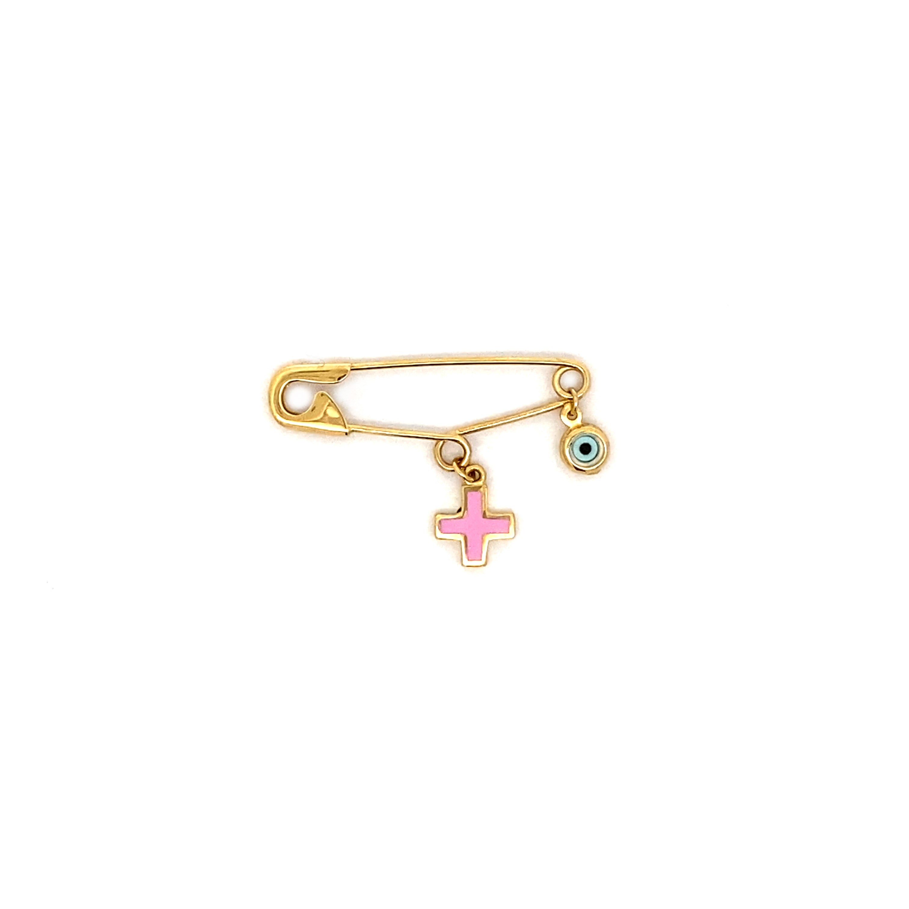 9ct Gold Baby Pin with Evil Eye & Pink / Blue Enamel Cross Charms