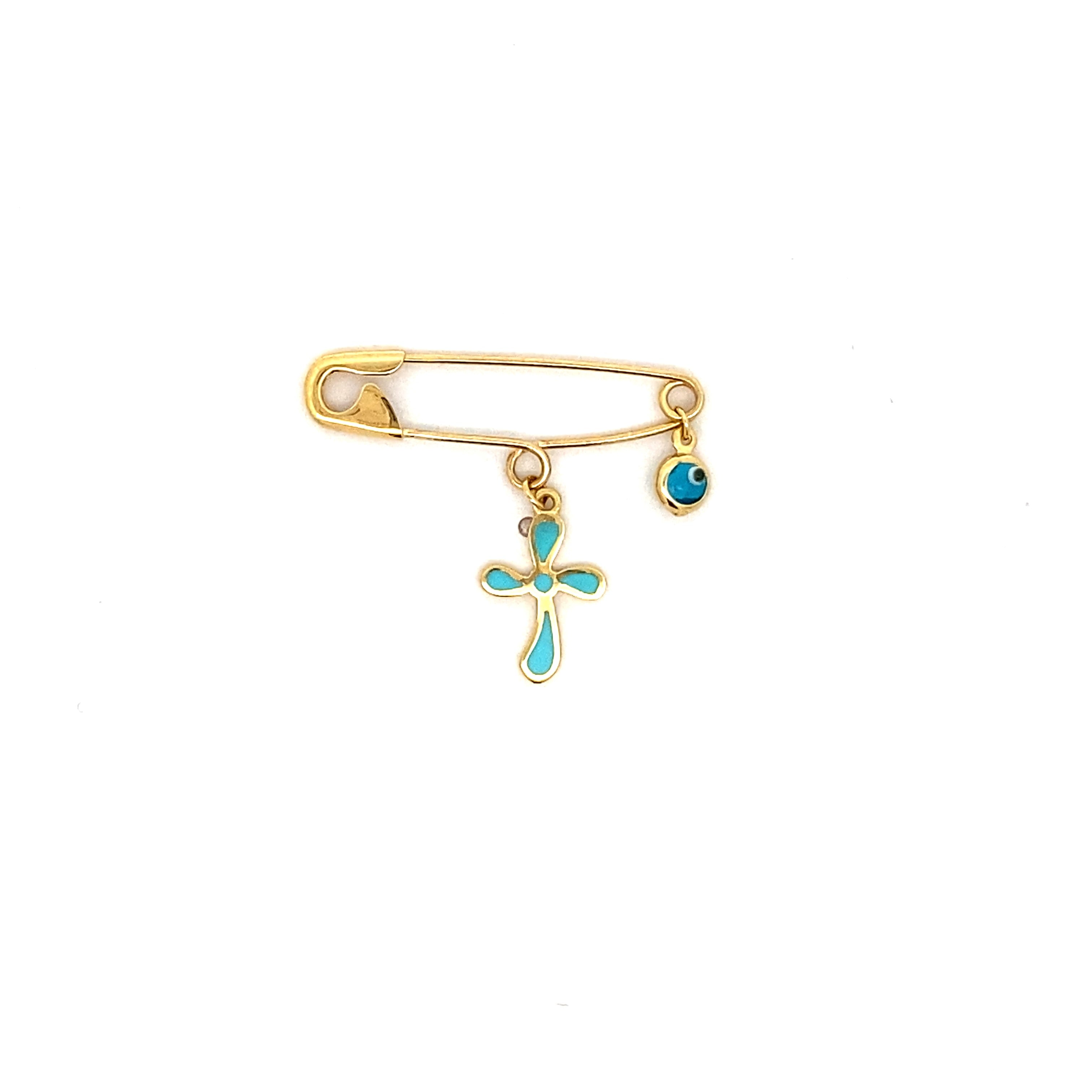 9ct Gold Baby Pin with Evil Eye & Blue or Pink Enamel Cross Charms