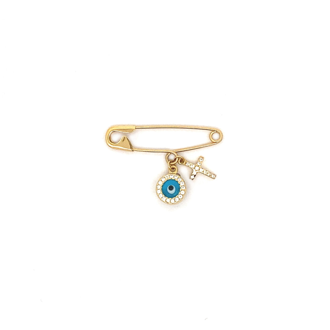 9ct Yellow Gold Baby Pin with Cubic Zirconia set Evil Eye & Cross Charms