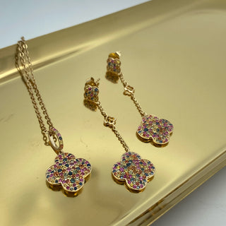 9ct Yellow Gold Multi-Colour Sapphire Clover Drop Earrings