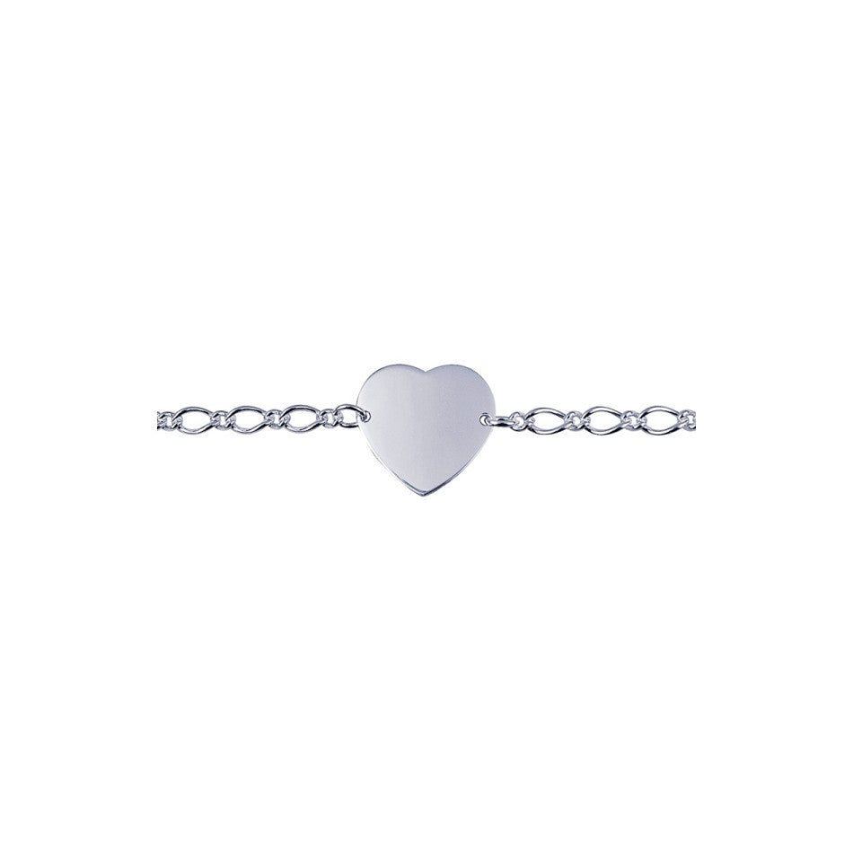 A sterling silver bracelet with a heart-shaped charm in the center, connected by a Figaro link chain.