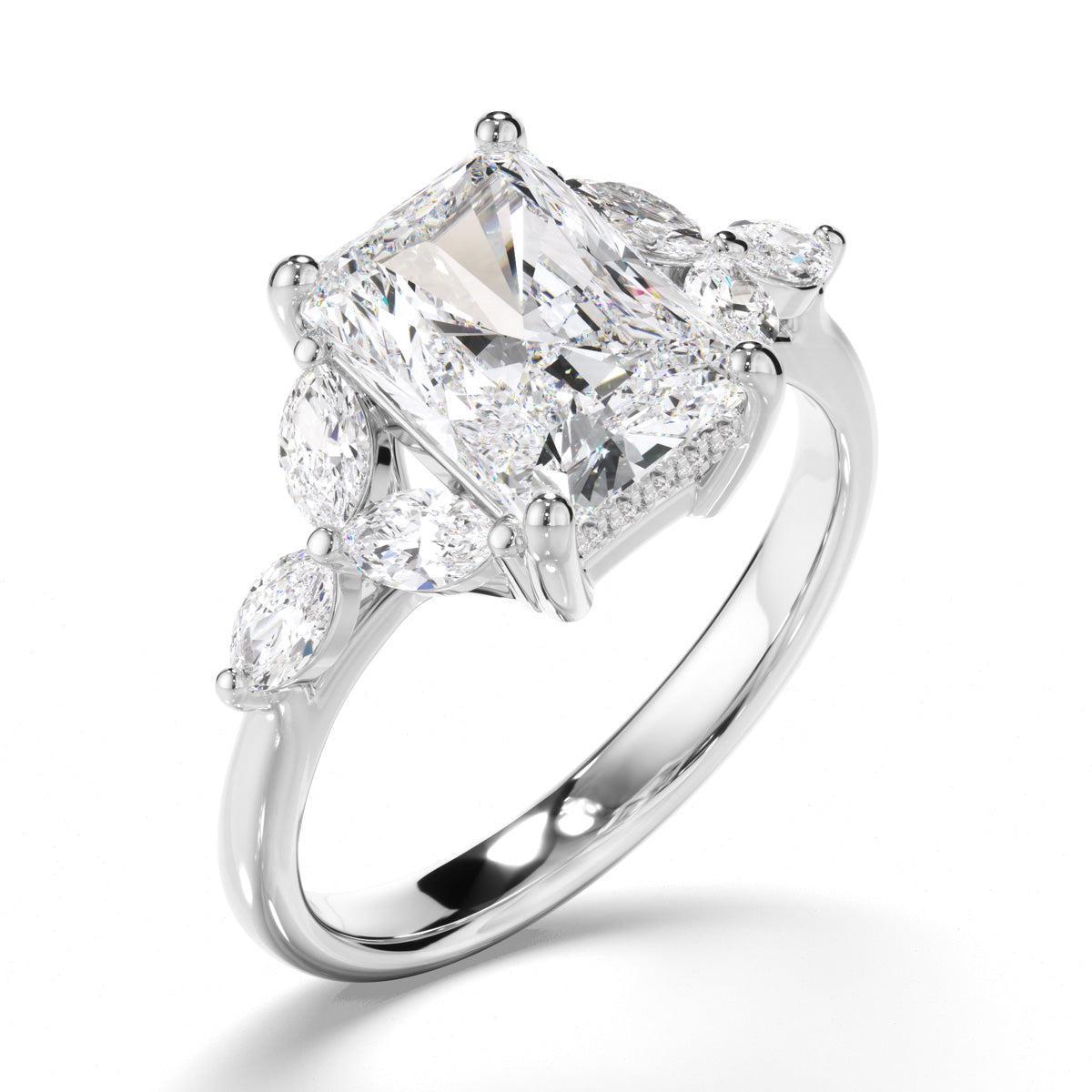 Radiant Cut Diamond Engagement Ring with Cluster Shoulders
