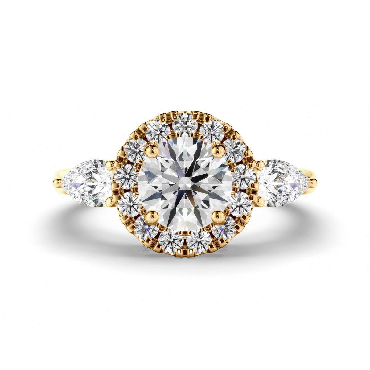 Round Brilliant Cut Diamond Halo Trilogy Engagement Ring with Pear Sides