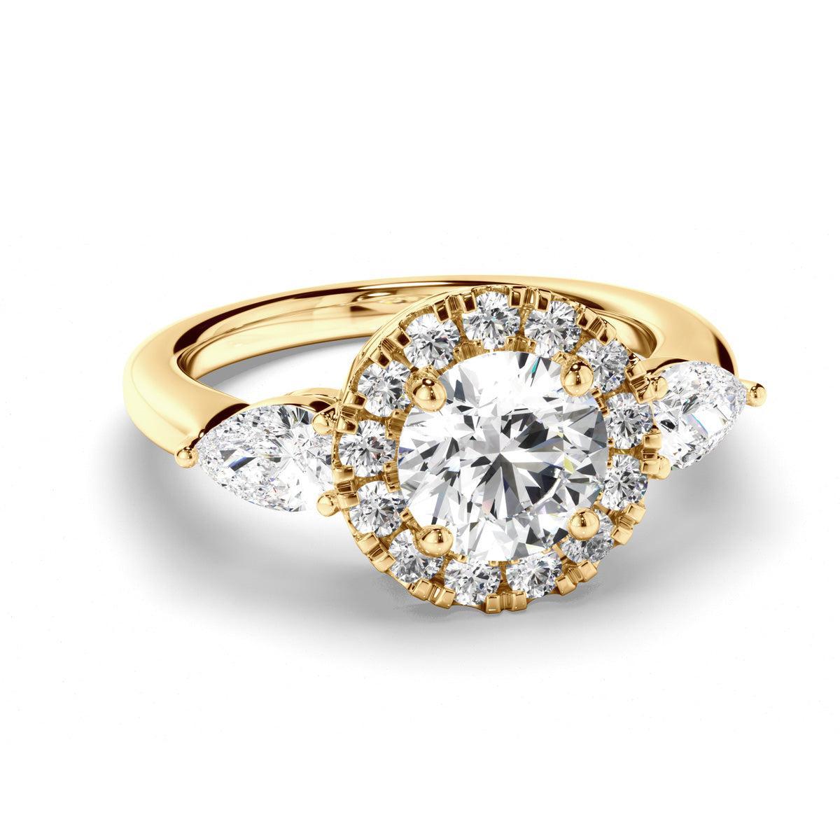 Round Brilliant Cut Diamond Halo Trilogy Engagement Ring with Pear Sides