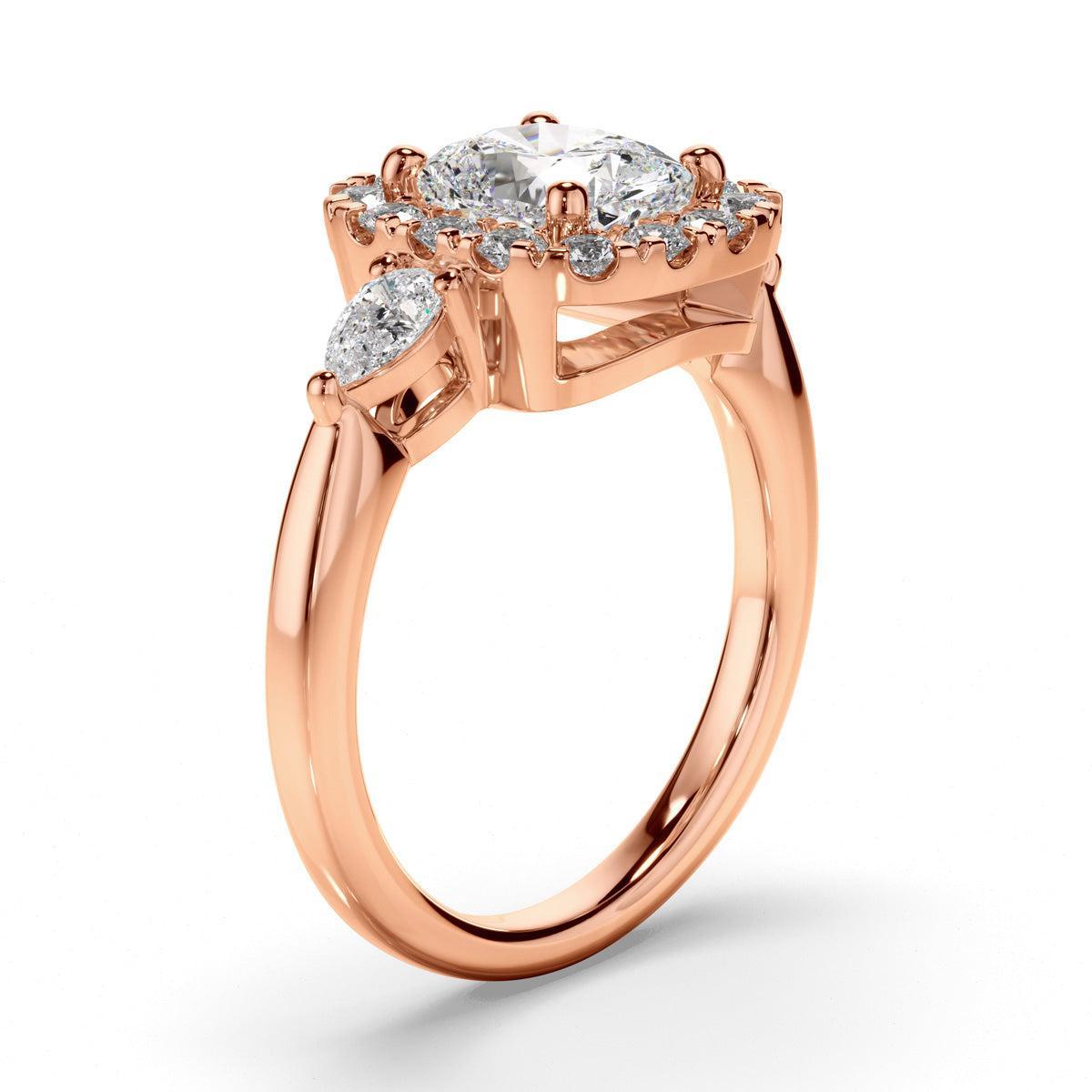 Cushion Cut Diamond Halo Trilogy Engagement Ring with Pear Sides