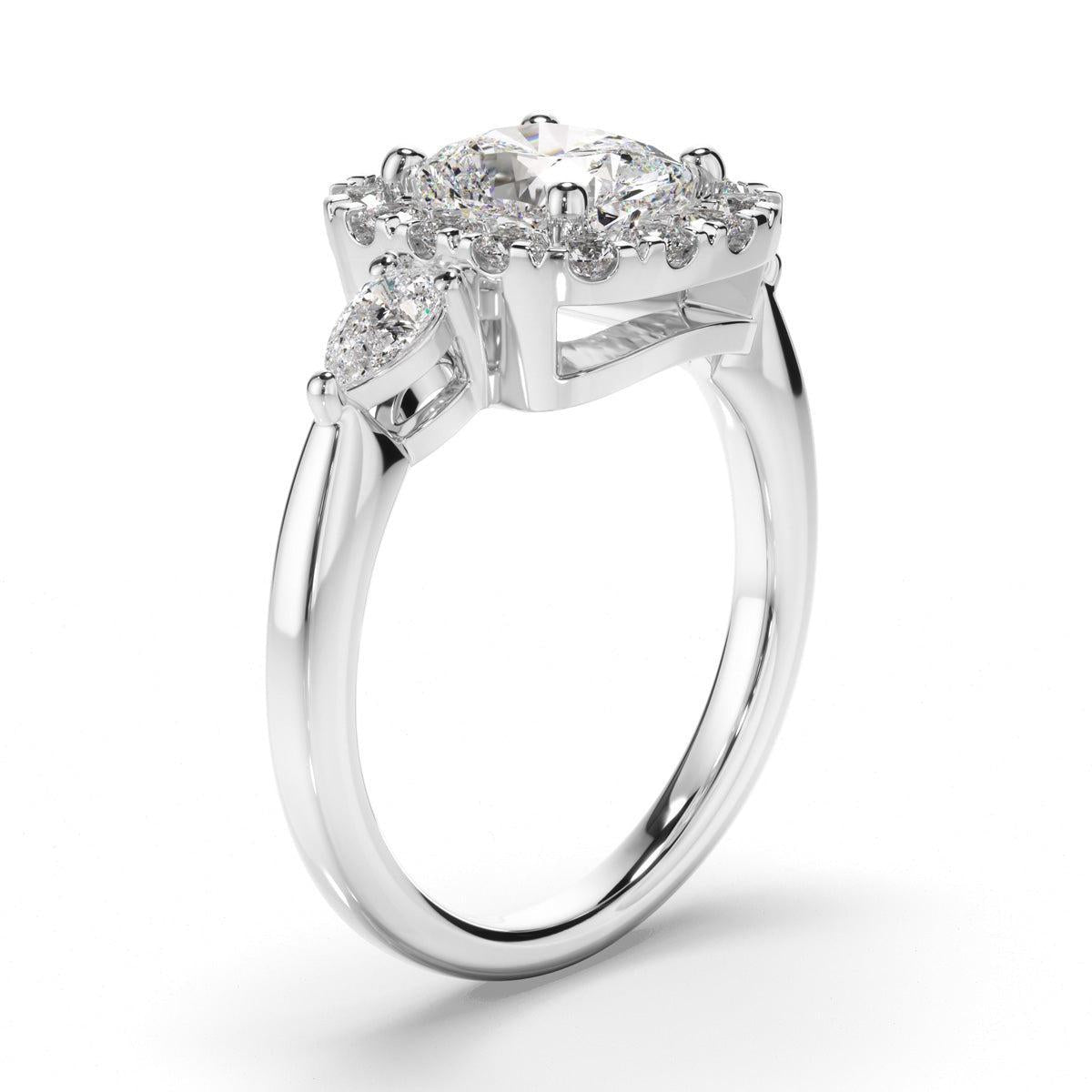 Cushion Cut Diamond Halo Trilogy Engagement Ring with Pear Sides