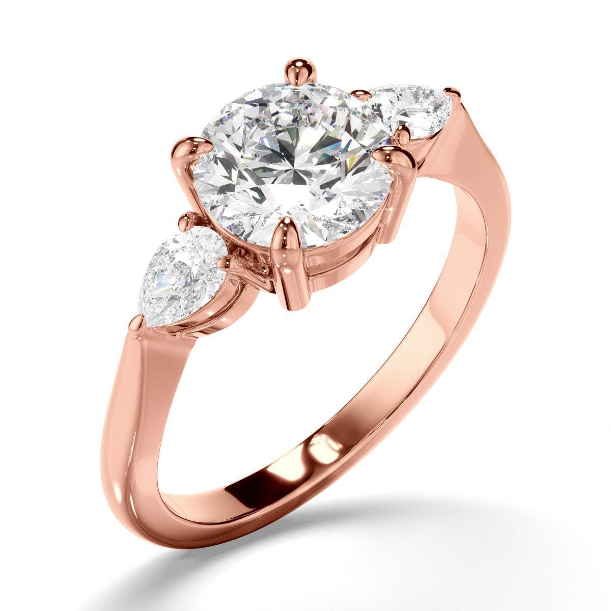 Round Brilliant Cut Diamond Trilogy Engagement Ring with Pear Sides