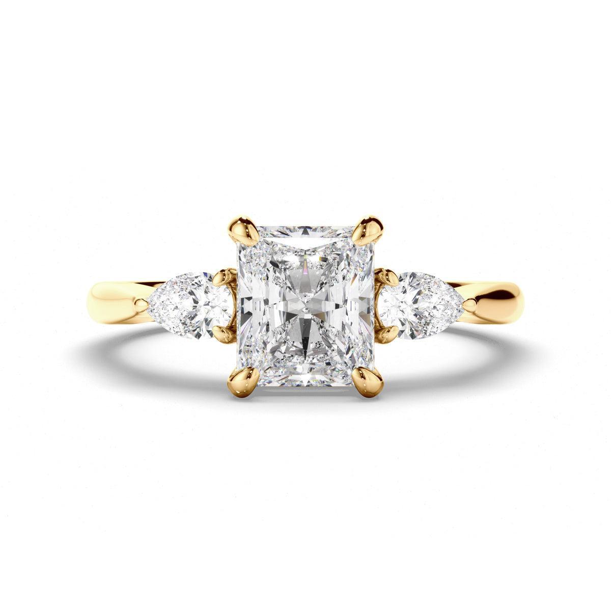 Radiant Cut Diamond Trilogy Engagement Ring with Pear Sides