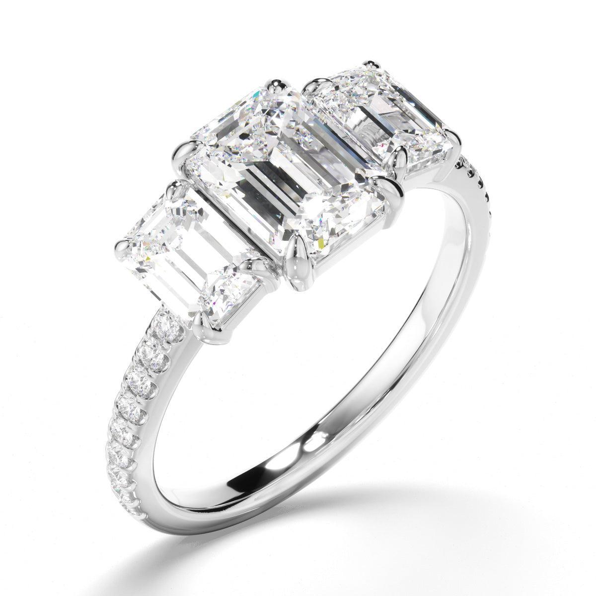 Emerald Cut Diamond Trilogy Engagement Ring with Pave Sides