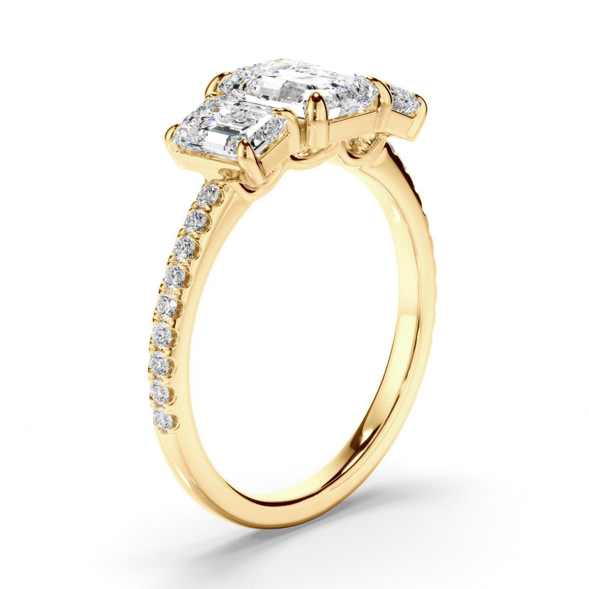 Emerald Cut Diamond Trilogy Engagement Ring with Pave Sides