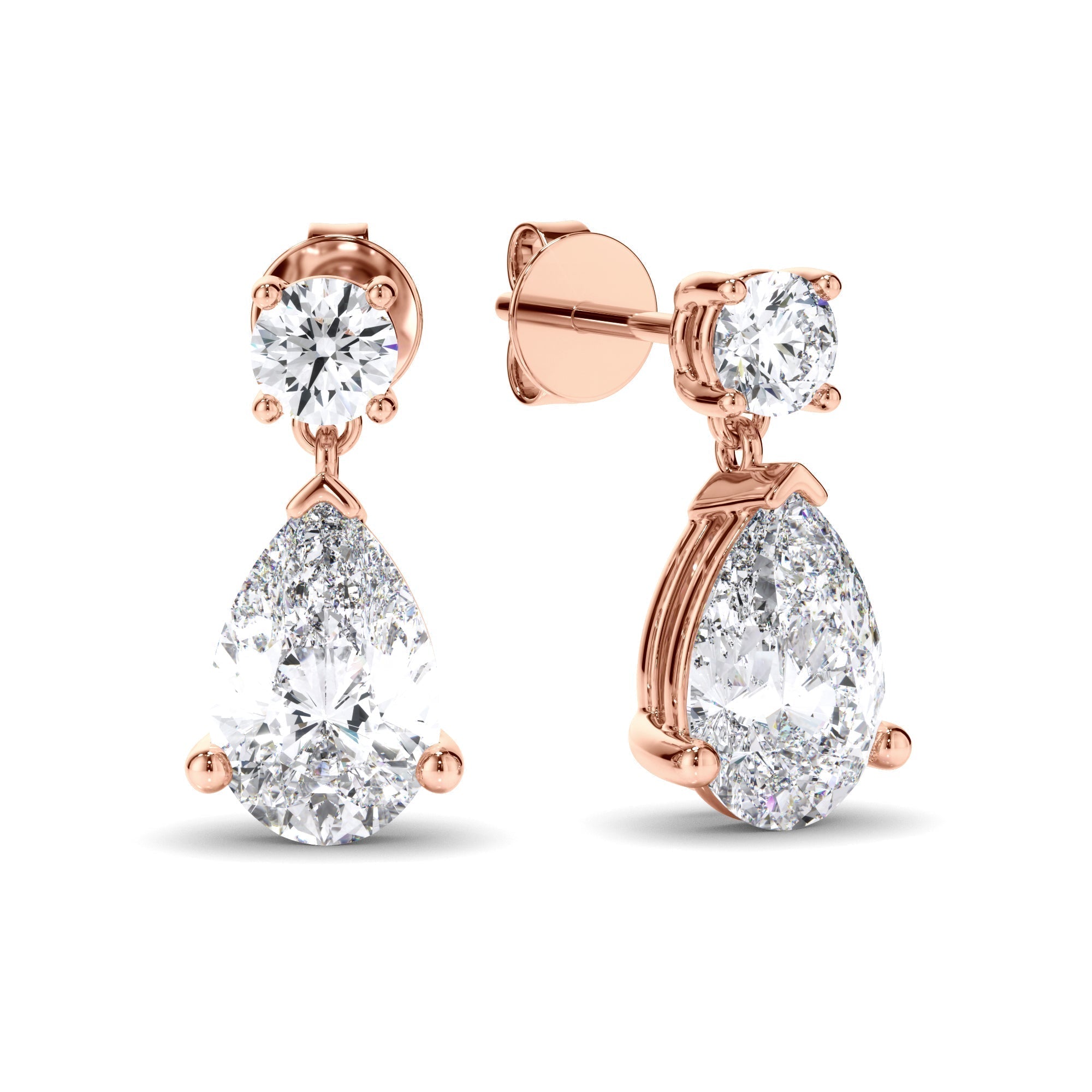 Pear & Round Brilliant Cut Diamond Drop Stud Earrings