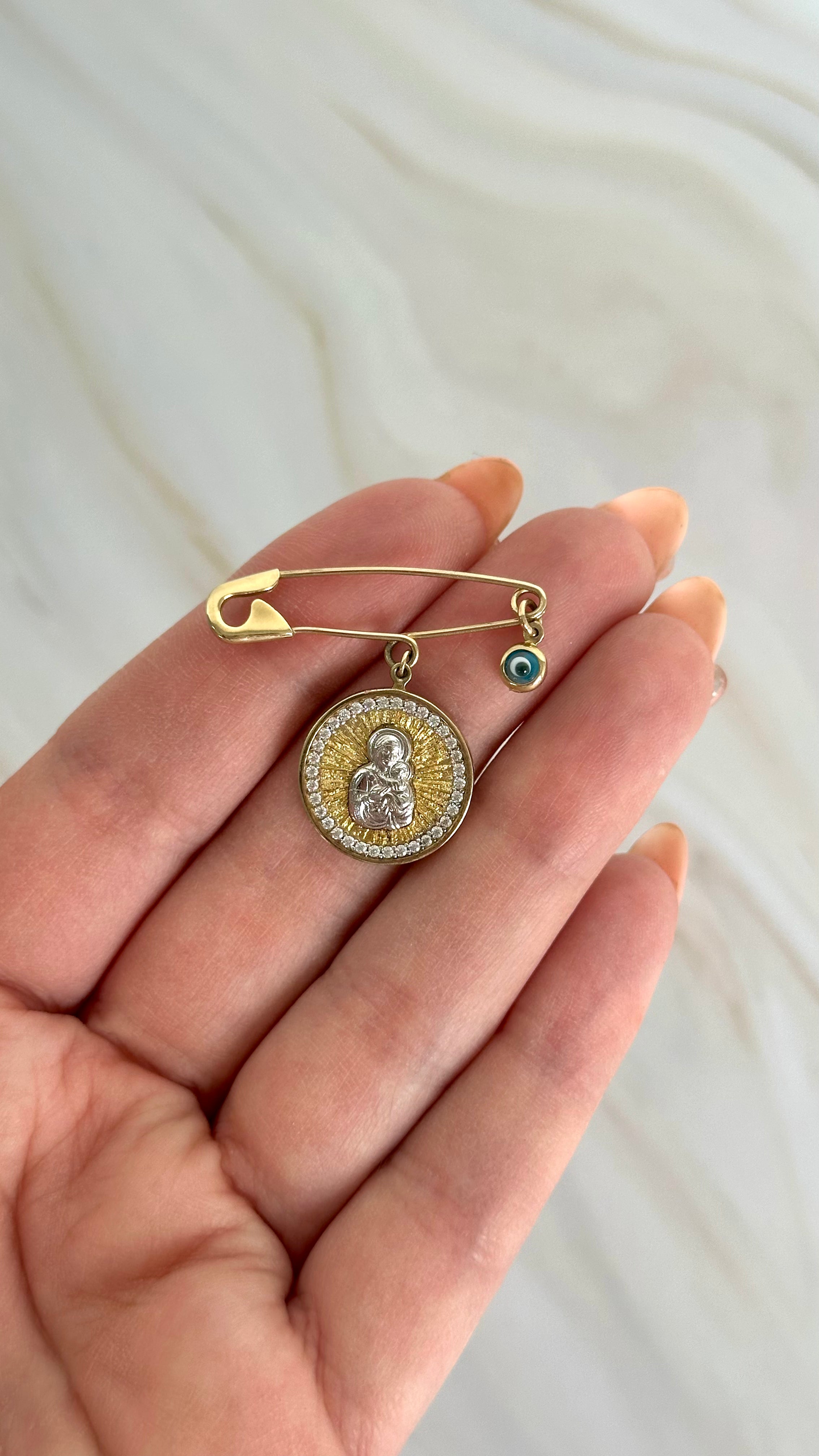 9ct Yellow Gold Baby Pin with Madonna Medallion & Evil Eye Charms