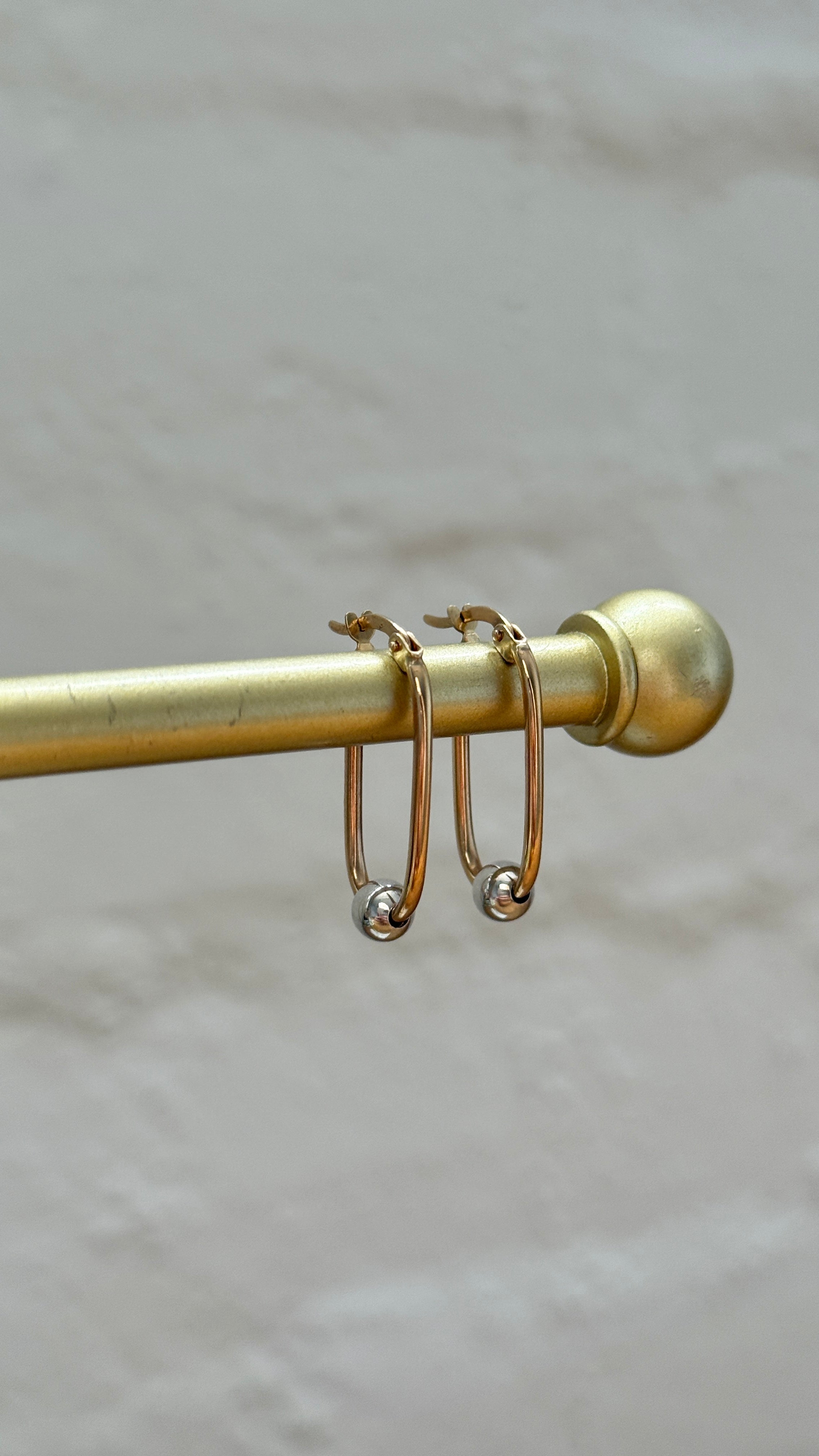 9ct Two-Tone Gold Oblong Hoop Earrings with Ball Accent