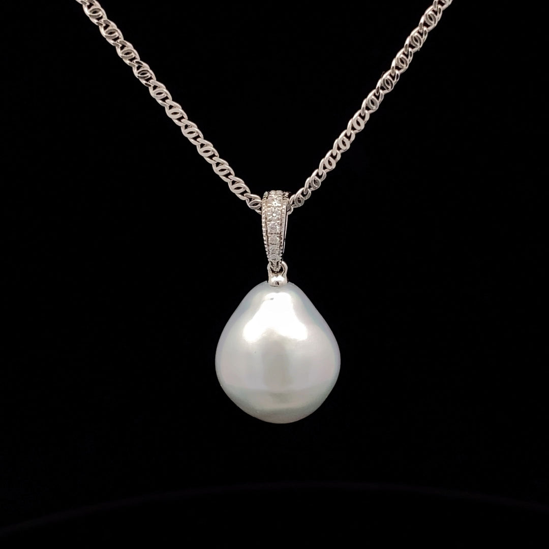 18ct White Gold Pearl and Diamond Enhancer Pendant and Chain