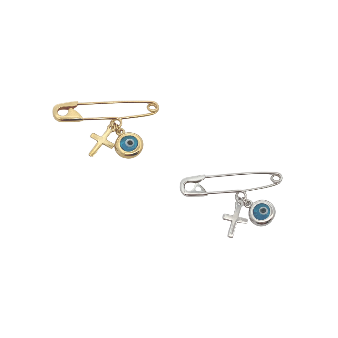 9ct Gold Baby Pin with Evil Eye & Cross Charms