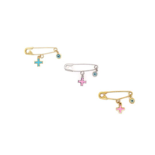 9ct Gold Baby Pin with Evil Eye & Pink / Blue Enamel Cross Charms