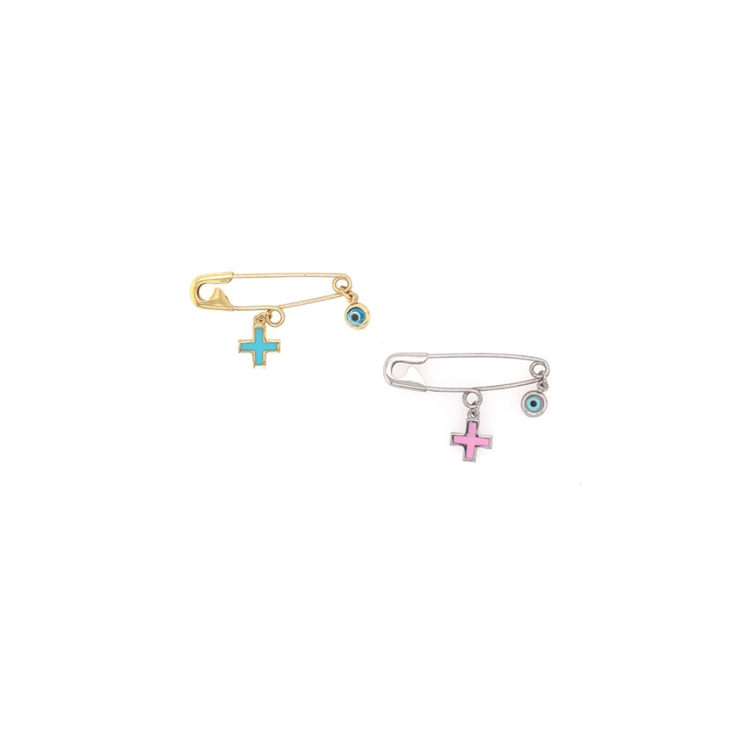 9ct Gold Baby Pin with Evil Eye & Pink / Blue Enamel Cross Charms