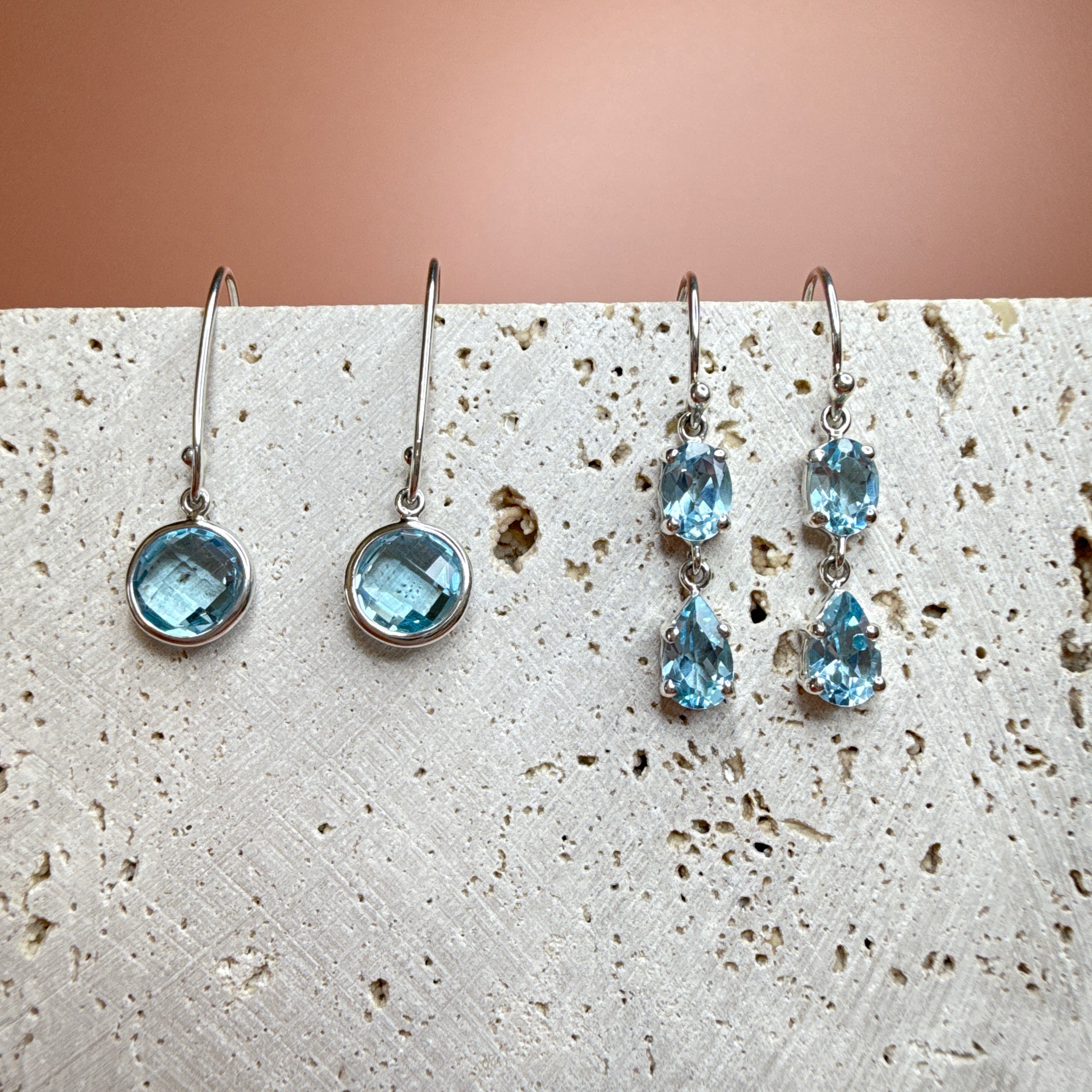 Sterling Silver Round Blue Topaz Bezel-Set Drop Earrings