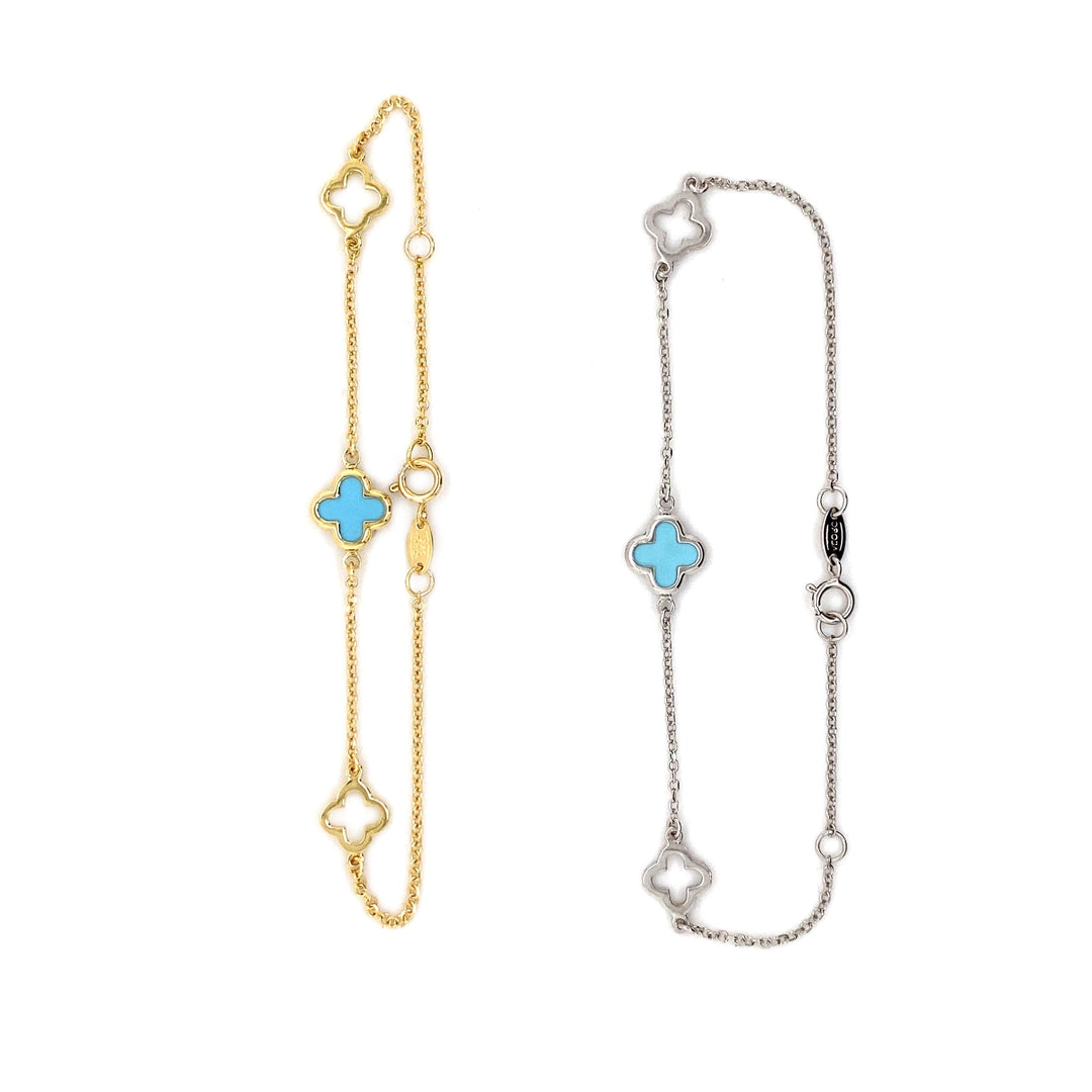 9ct Gold 3 Station Turquoise Clover/Quatrefoil Bracelet