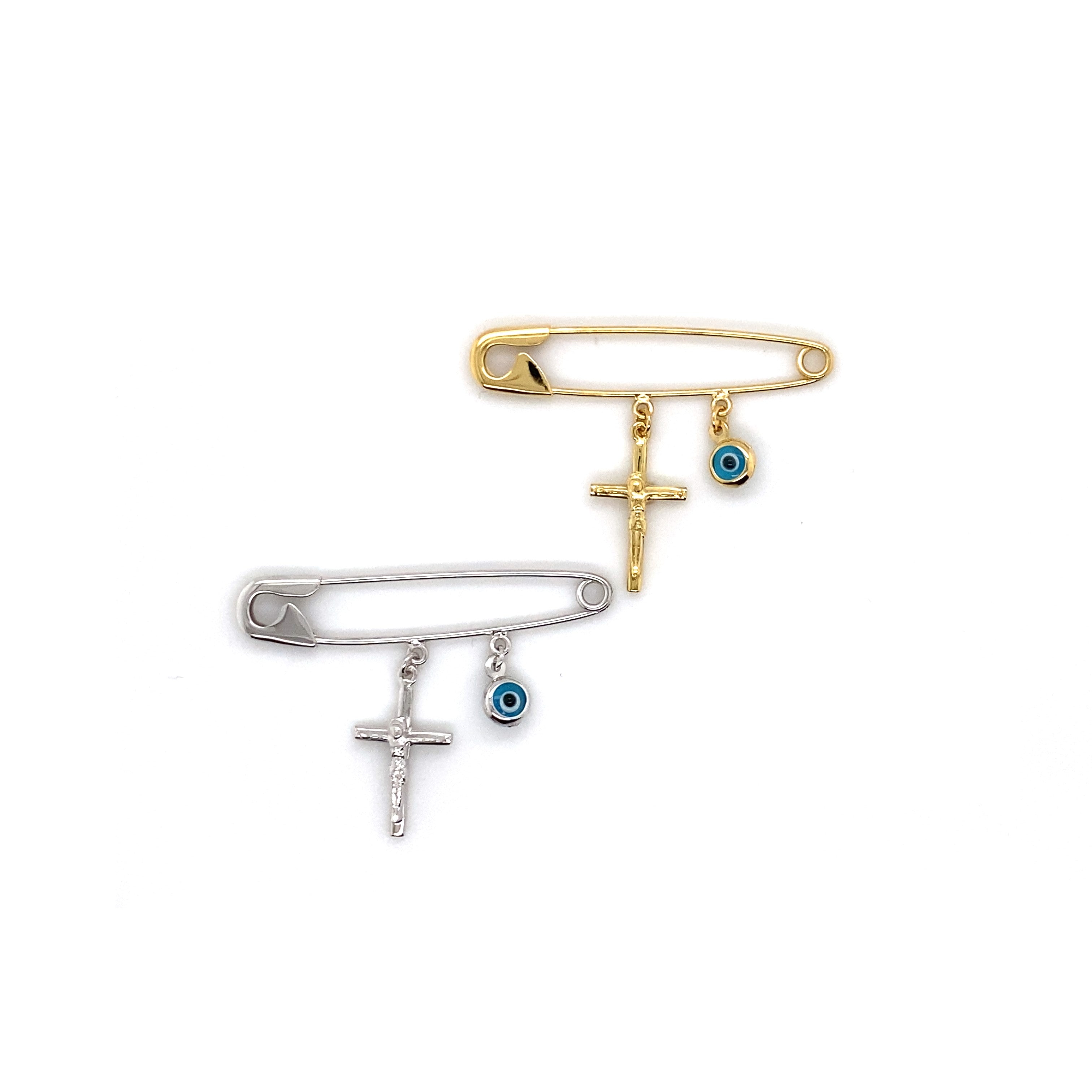 9ct Gold Baby Pin with Evil Eye & Crucifix Charms