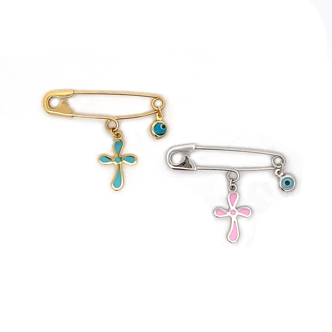 9ct Gold Baby Pin with Evil Eye & Blue or Pink Enamel Cross Charms