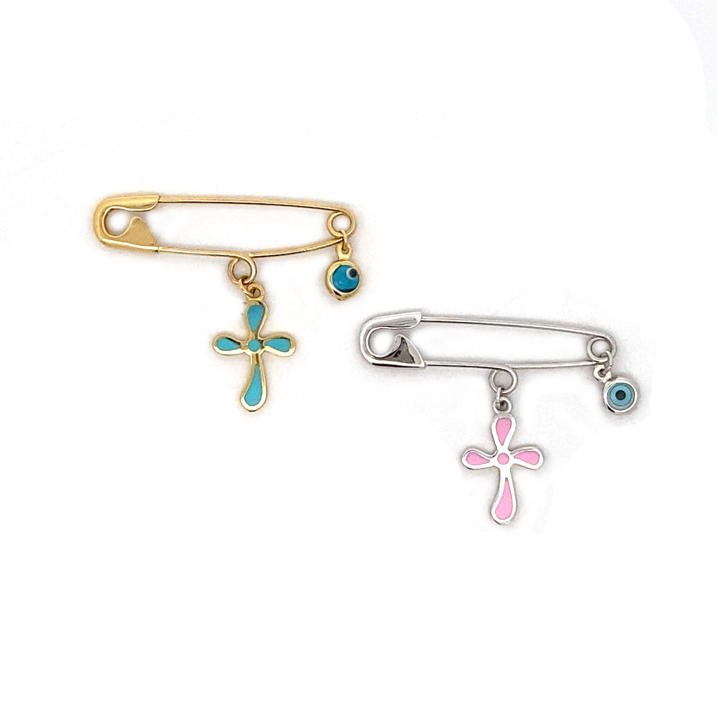 9ct Gold Baby Pin with Evil Eye & Blue or Pink Enamel Cross Charms