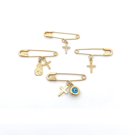 9ct Gold Baby Pin with Evil Eye & Cross Charms