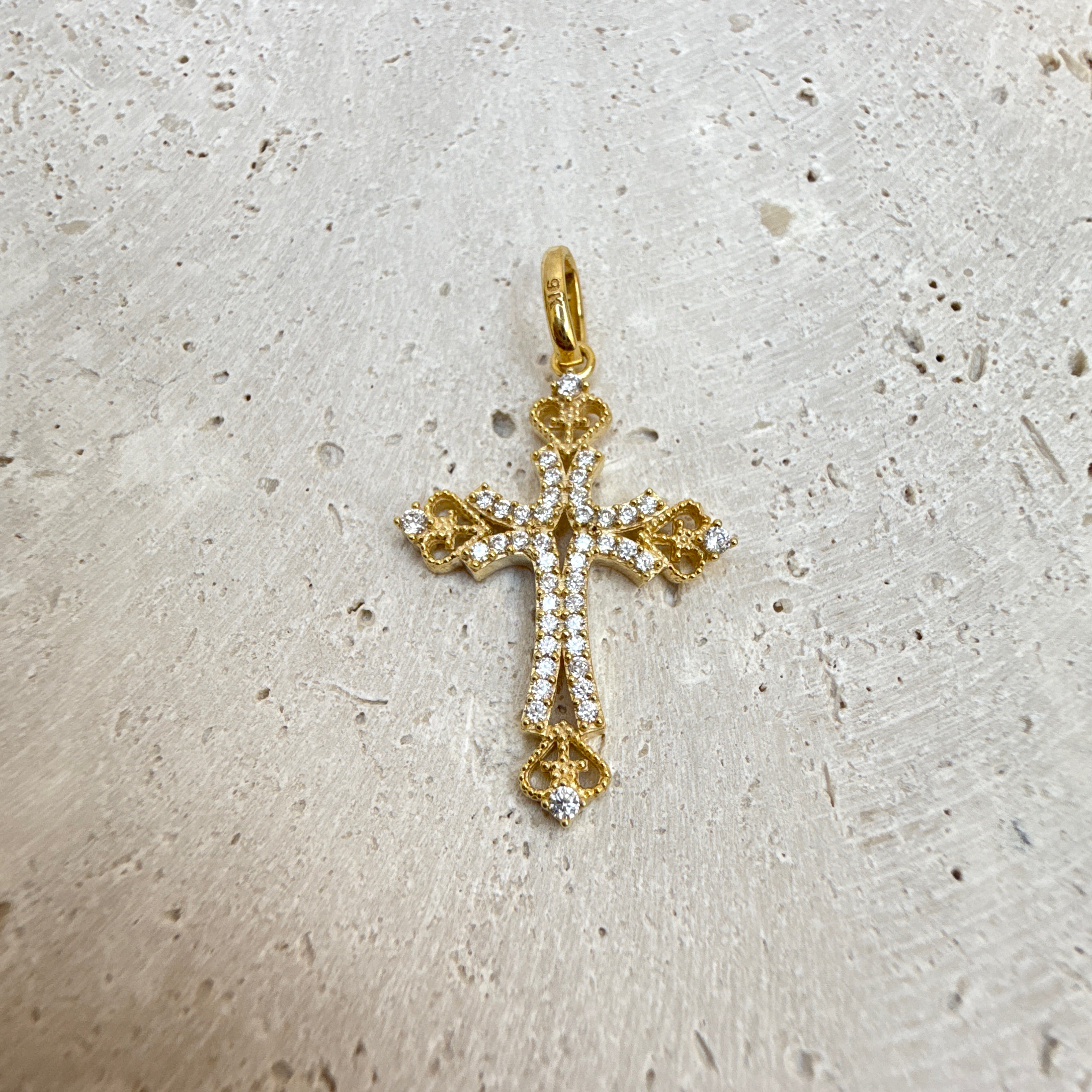 9ct Yellow Gold Cubic Zirconia Cross Pendant with Heart Detail