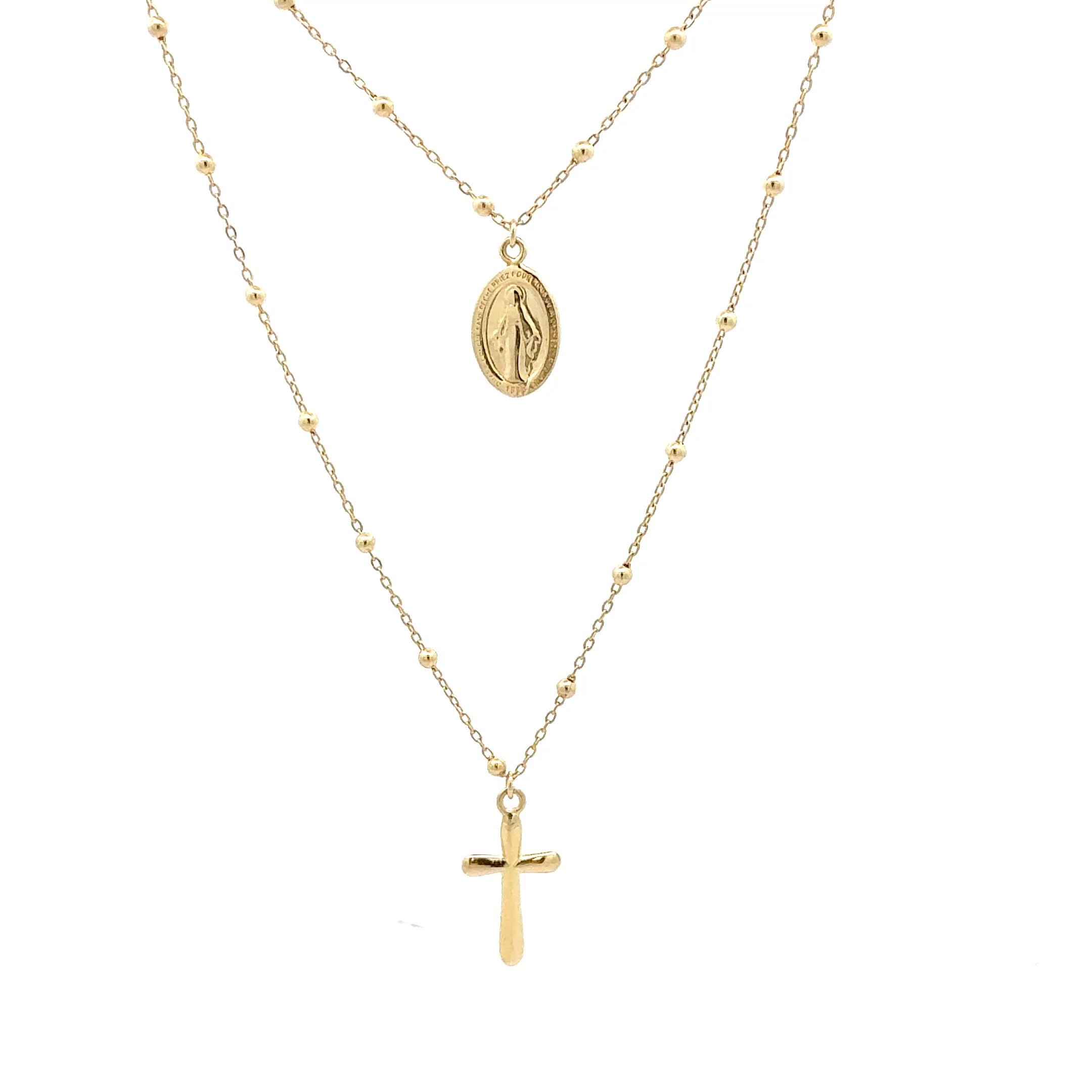 9ct Yellow Gold Double-Strand Necklace with Cross & Madonna Medallion (Rosary Inspired)