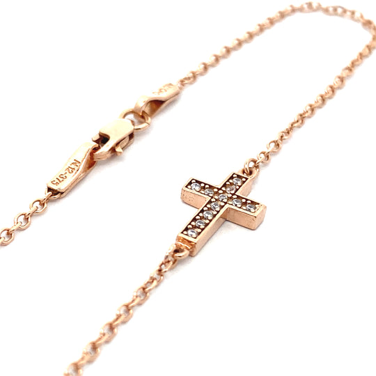 9ct Rose Gold Cubic Zirconia Cross Bracelet