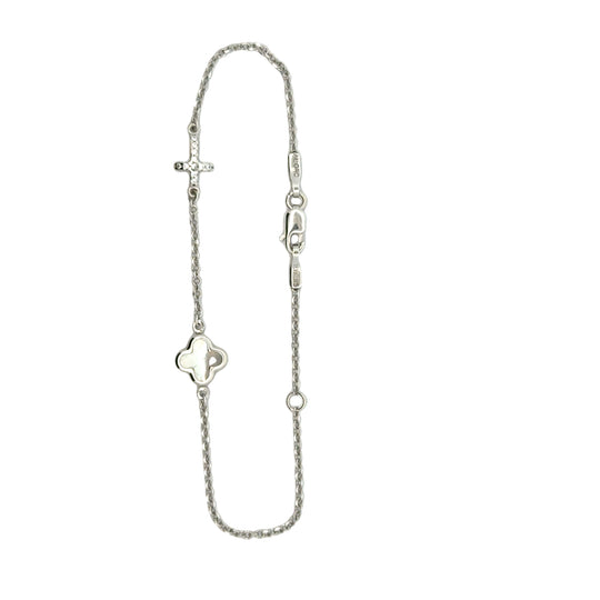 9ct White Gold Mother of Pearl Clover/Quatrefoil Bracelet with Cubic Zirconia Cross