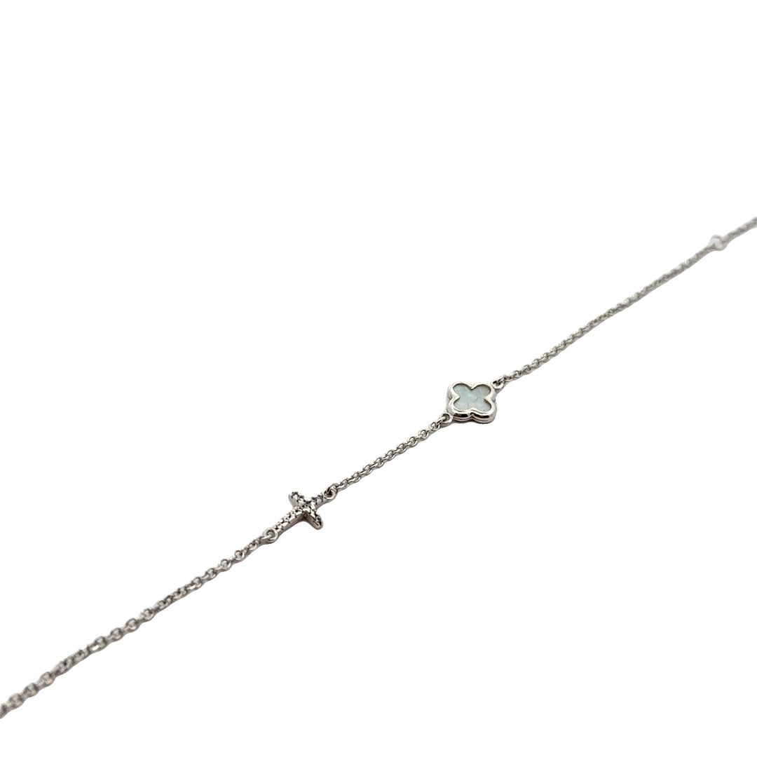 9ct White Gold Mother of Pearl Clover/Quatrefoil Bracelet with Cubic Zirconia Cross