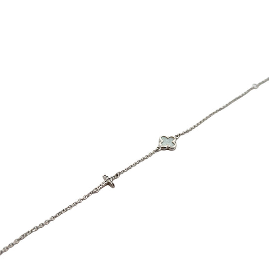 9ct White Gold Mother of Pearl Clover/Quatrefoil Bracelet with Cubic Zirconia Cross