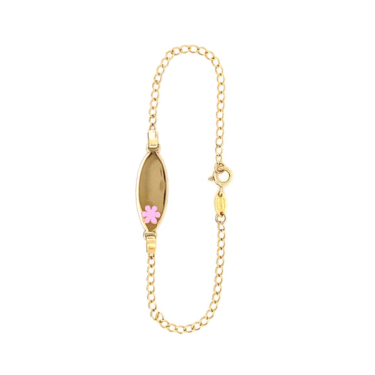 9ct Yellow Gold Identity Bracelet with Pink Enamel Flower