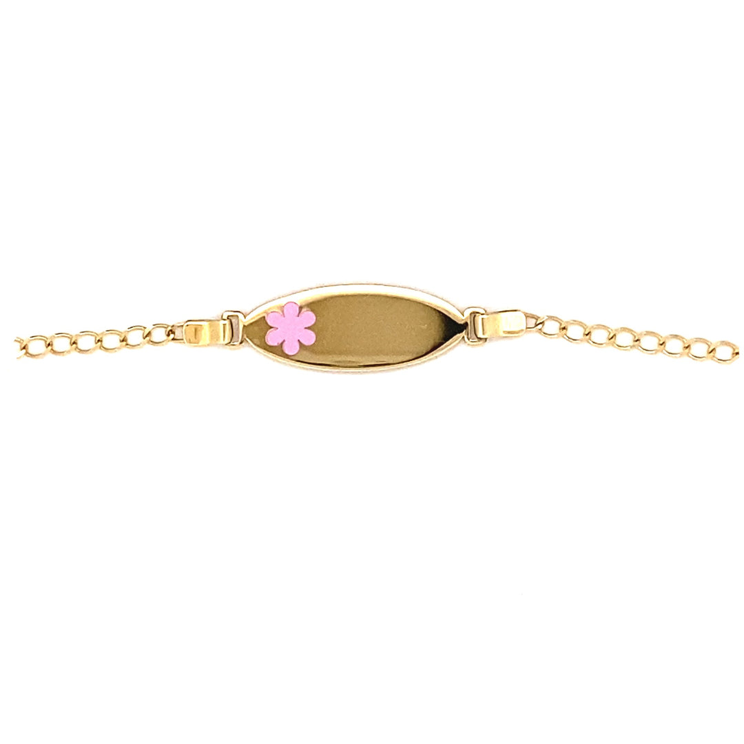 9ct Yellow Gold Identity Bracelet with Pink Enamel Flower