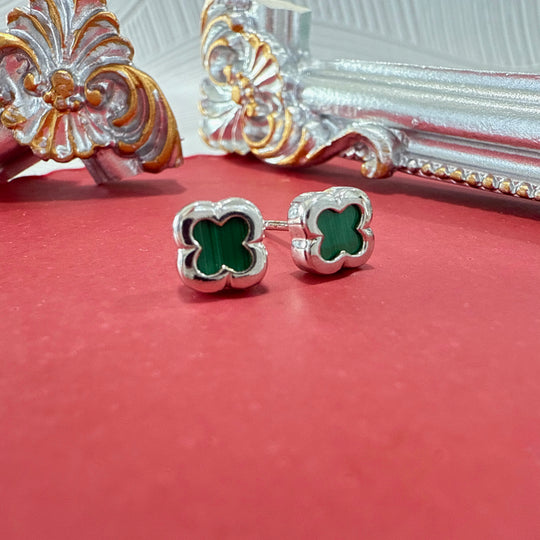 9ct White Gold Malachite Clover / Quatrefoil Studs (small)