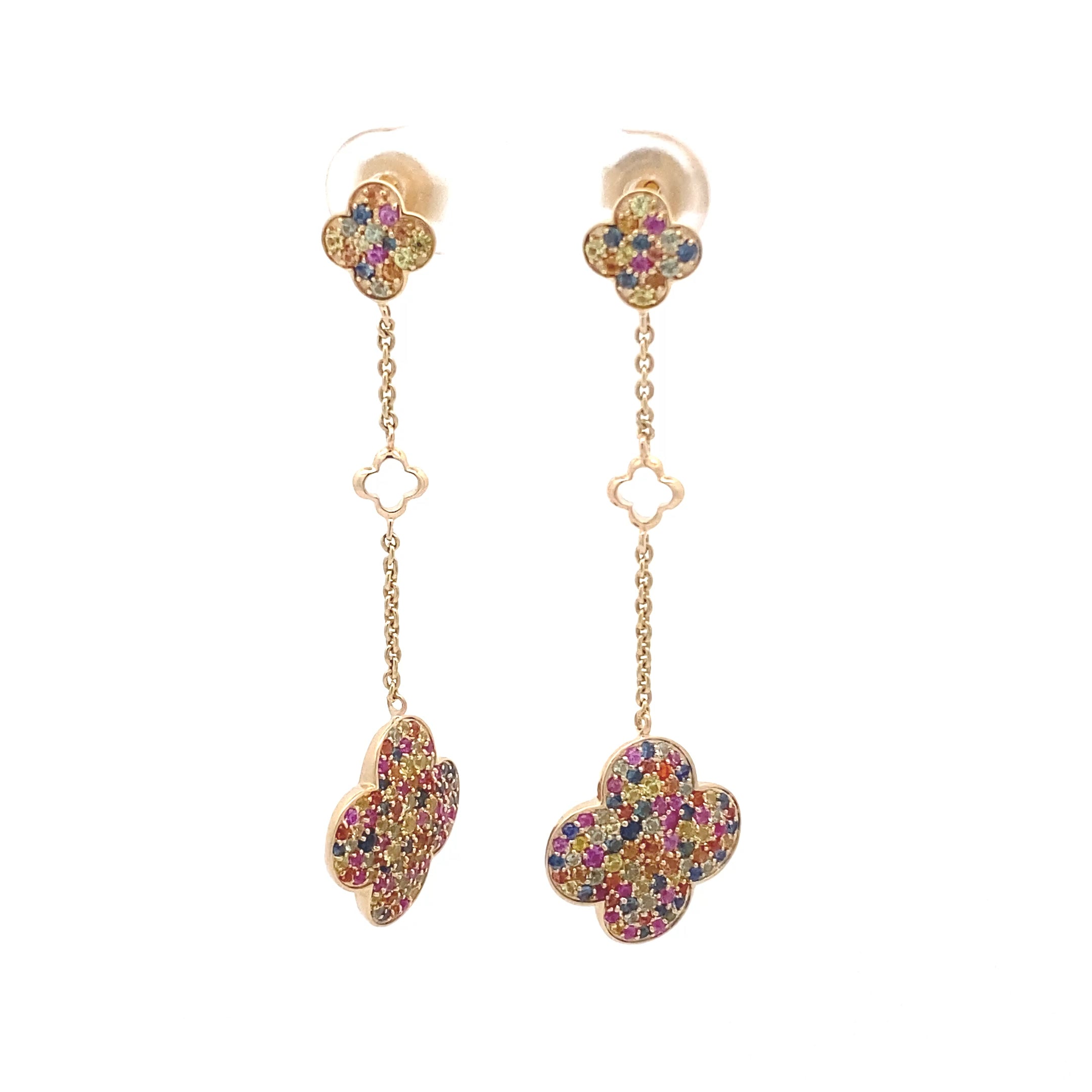 9ct Yellow Gold Multi-Colour Sapphire Clover Drop Earrings