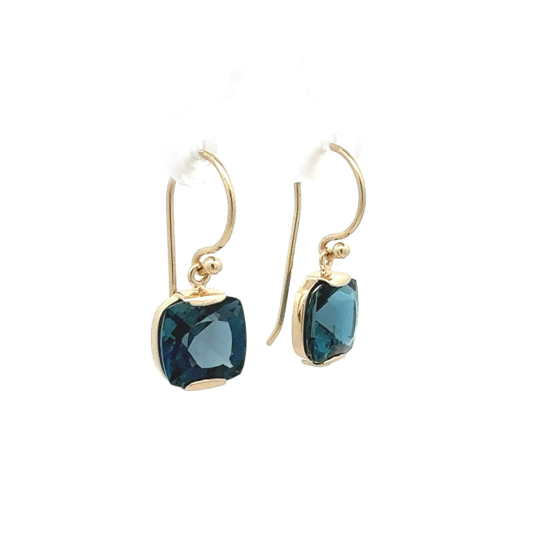 9ct Yellow Gold Cushion-Cut London Blue Topaz Drop Earrings