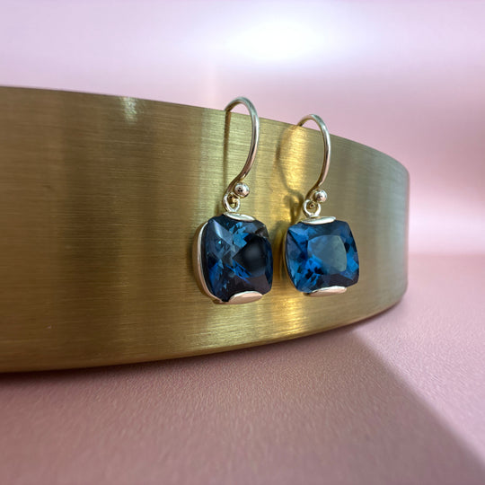 9ct Yellow Gold Cushion-Cut London Blue Topaz Drop Earrings